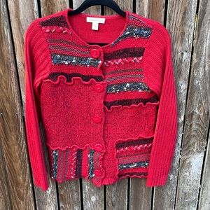 Coldwater Creek XS Sweater Cardigan Red Patchwork Ribbed Sleeves Chunky Buttons